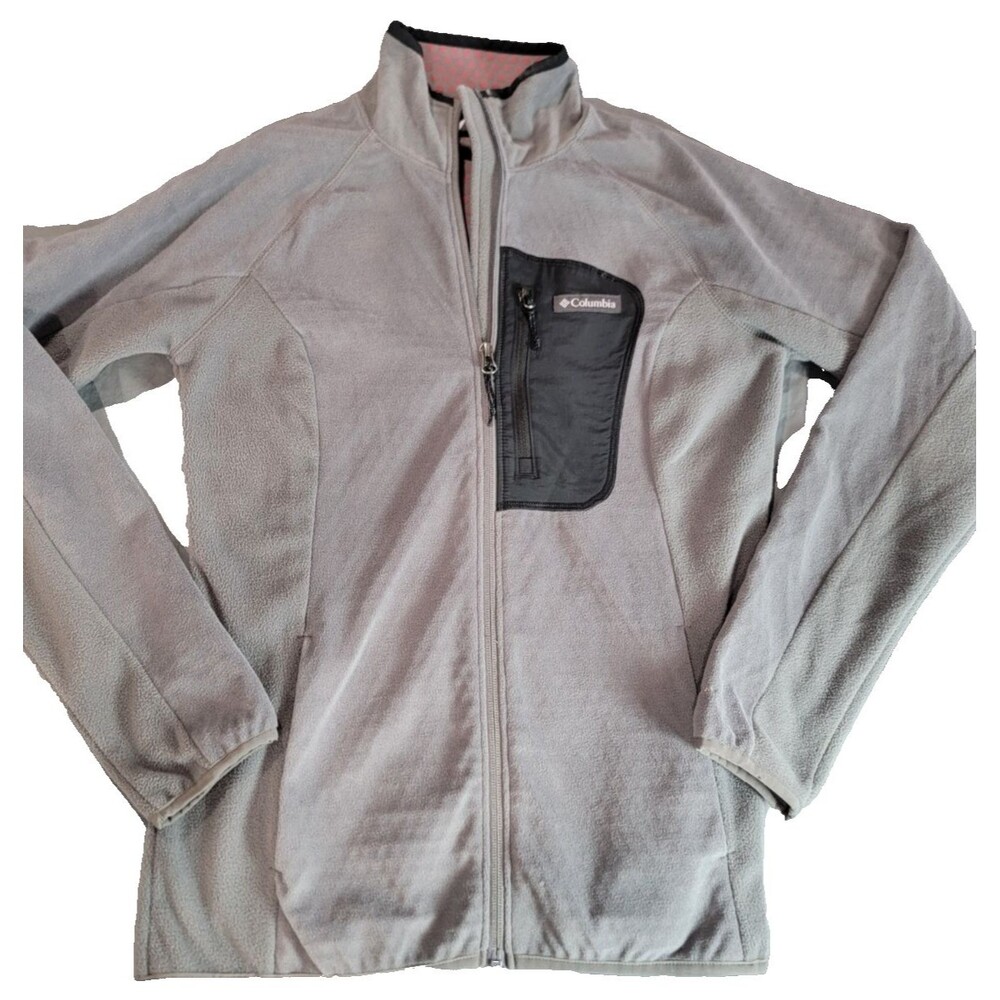 Columbia Fleece Jacket Women Medium Gray Black Zipper Pocket Pink dots inside
